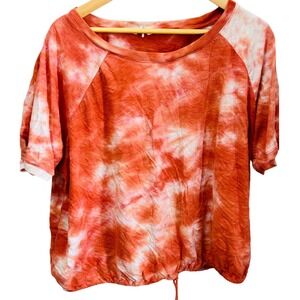 Terra & Sky Womens Orange Tie Dye Raglan Short Sleeve Drawstring Hem Tee Shirt